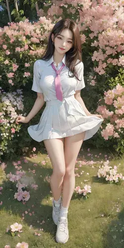 Cute School Girl / Flower Background