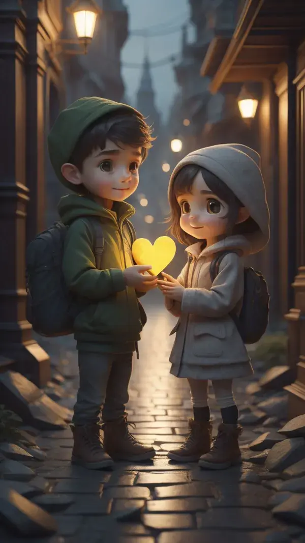 Cute Little Friends holding heart on a street at night