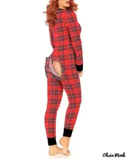 Olivia Mark - Chic Noir Sensual Print Patchwork V-Neck Slim-Fit Jumpsuits - Red / M