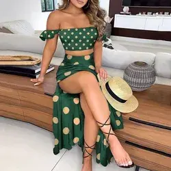 Ingvn Off Shoulder Women Two Piece Set Sexy Slash Neck Top and Slit Summer Long Party Dress Suits Spring Floral Print Skirts Sets - Style 12 / XXXL