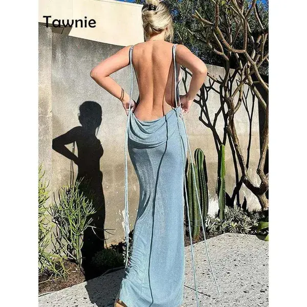 Tawnie 2022 Summer Swing Collar Halter Backless Drawstrings Maxi Dress Women Elegant Sexy Long Straps Shift Dresses Y2K Green - Green / L