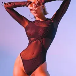 Uveng Romper Mesh See Through Long Sleeve Revealing Bodysuit 2022 Spring Women Fashion Sexy Streetwear Jumpsuit Baddie Clothes Black-S