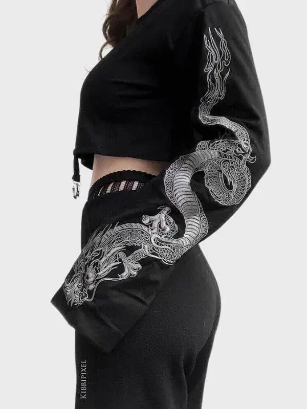 Long Sleeve Dragon Pattern Black Crop Top - S