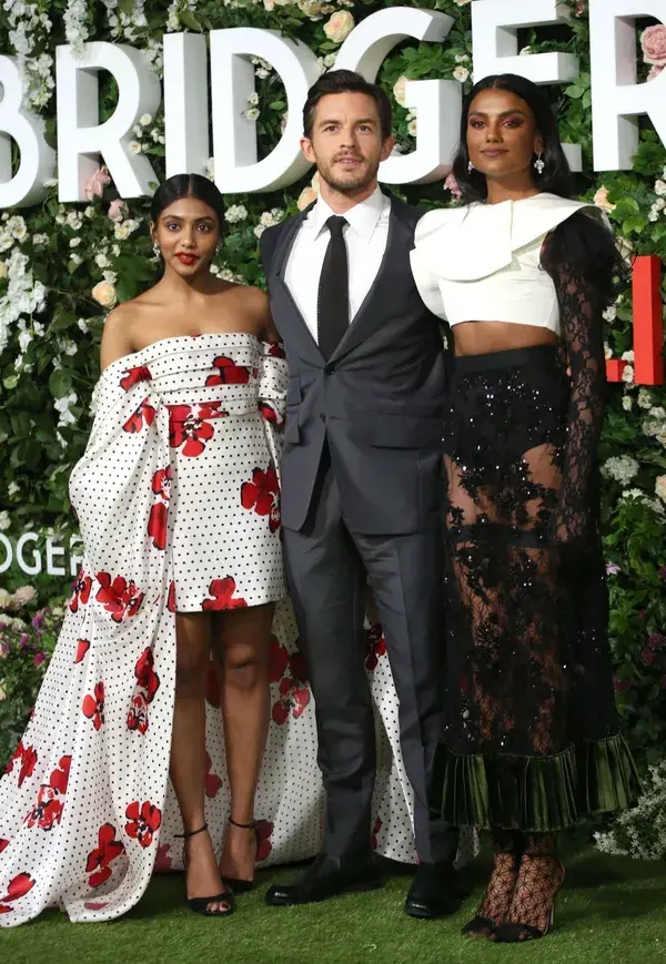 Charithra Chandran, Jonathan Bailey and Simone Ashley in the Bridgerton Season 2 World Premiere