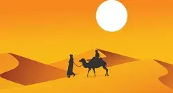 Silhouette of the Camel Trader crossing the sand dune during sunset. Silhouette illustration