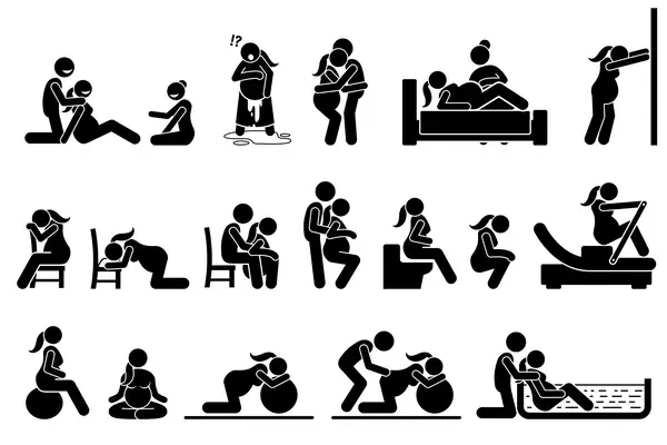 Childbirth Labor Labour Positions Postures Home Delivery Natural Birthing Class Yoga Exercise Meditation Water Birth Technique SVG Vector