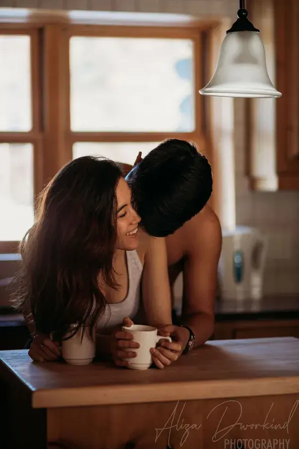 Candid Smiling Morning Cup of Coffee | Steamy Couple Session | The Montreal Wedding Photographer