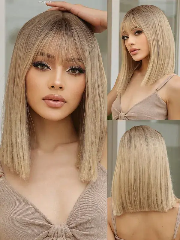 Short Straight Bob Gray Ash Blonde Synthetic Wigs with Bangs Natural  Cut Hair Wig for White Women Daily Heat Resistant