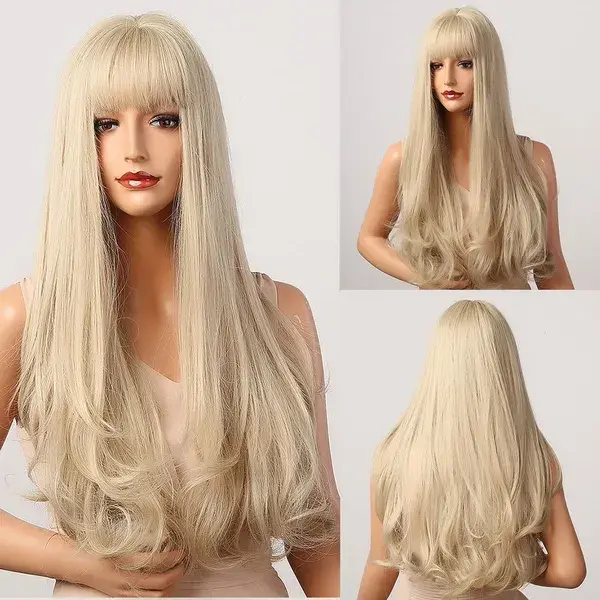 Long Wavy White Blonde Wigs with Bangs