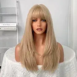 Long Light Blonde Hair Wig Synthetic Natural Straight Wigs with Bangs for Women