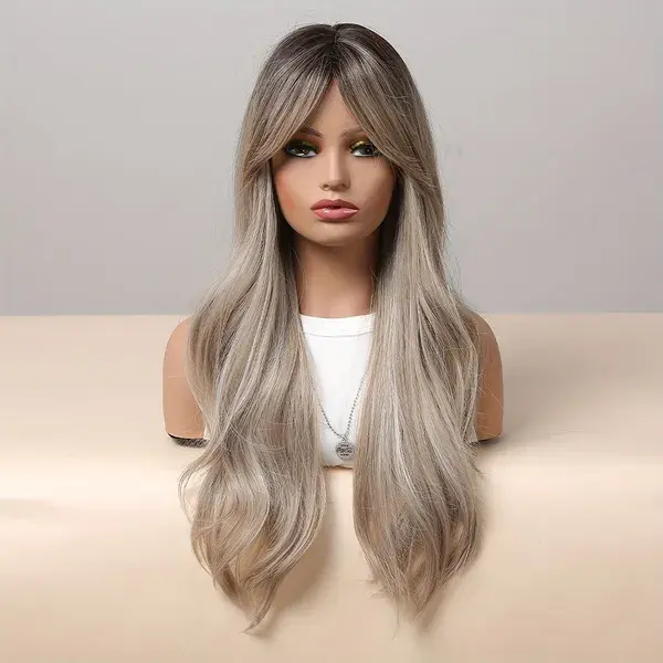 Butterfly Haircut 24 Inch Long Body Wave Back Gradient Champagne Hair Wigs With Bangs Synthetic Fiber Hair Wigs For Daily Cosplay Party Use