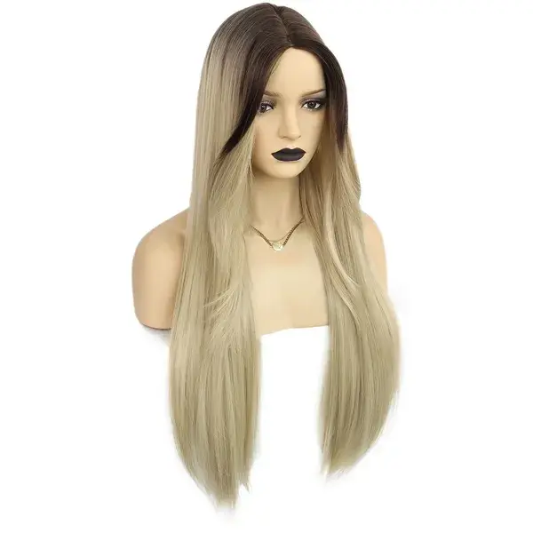 Long Black Omber Blonde Straight Synthetic Wig For Women & 1pc Wig Cap (30 Inch)