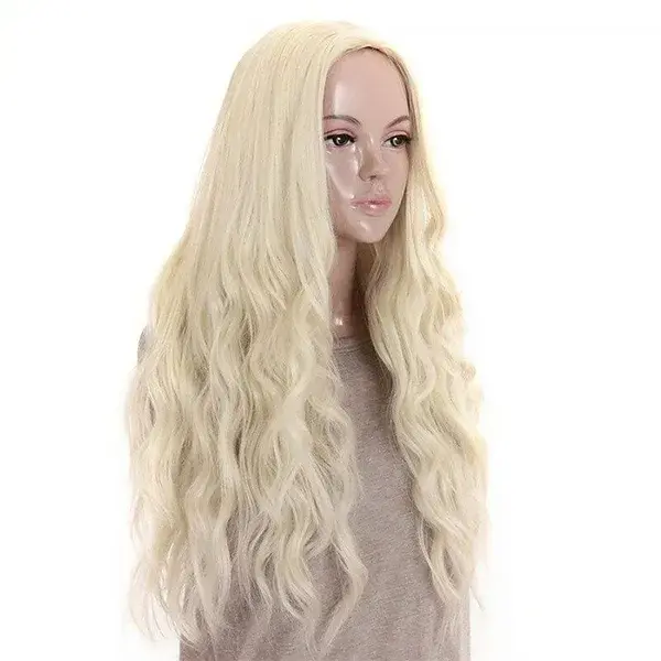 24 Inches Platinum Blonde Curly Wavy Heat Resistant Synthetic Hair Wigs for Women Middle Parting None Lace Front Hair Replacement Wigs