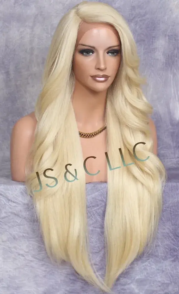 "40\" Extra long Human Hair BlendFull Lace Front wig Romantic Straight and bangs Pale Blonde natural mono side part Heat Safe"