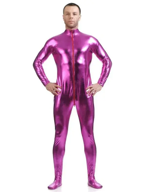 Rose Red Adults Bodysuit Shiny Metallic Catsuit for Men