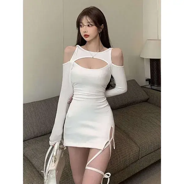 Women Mini Dress Lace Up Bandage Autumn Slim Long Sleeve Short Dresses Hot Sexy Hollow Out Elegant Vestidos Clothes 2022 платье - Black / One Size