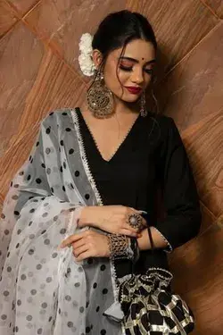 Pomcha Jaipur Cotton Silk Kurta Set | Black, Plain, Cotton Silk, V Neck, Three Quarter