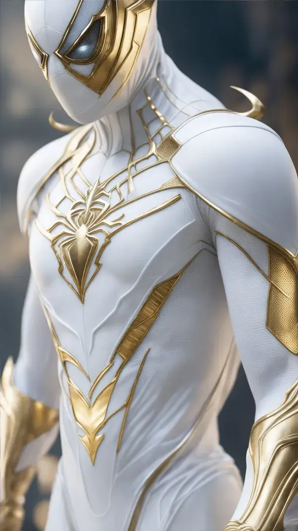 spiderman in white and gold armour style suit