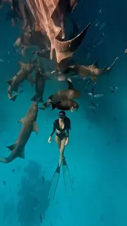 Freediver surrounded by nurse sharks in Maldives