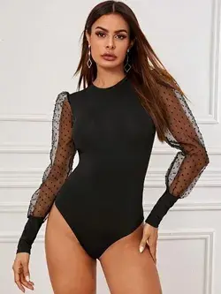 Puff Mesh Sleeve Fitted Bodysuit - M
