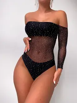 Rhinestone Studded Mesh Cover Up | Black Swimsuit Outfit Style
