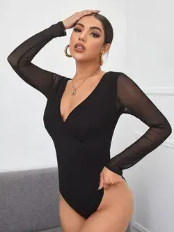 Surplice Neck Mesh Sleeve Bodysuit