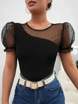 Polka Dot Mesh Round Neck Puff Sleeve Short Sleeve Tee Top Blouse Tshirt Women - Black/M