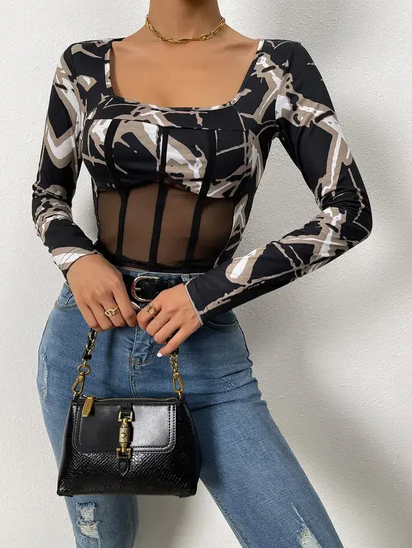 Mesh Insert Graphic Print Crop Tee