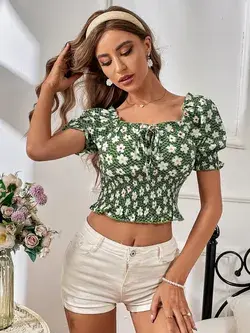 Floral Print Shirred Tie Front Square Neck Puff Sleeve Crop Blouse