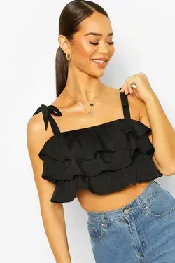 Tie Shoulder Ruffle Crop Top