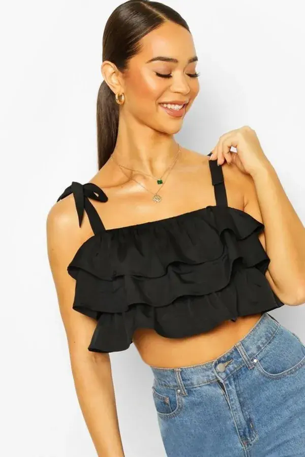 Tie Shoulder Ruffle Crop Top