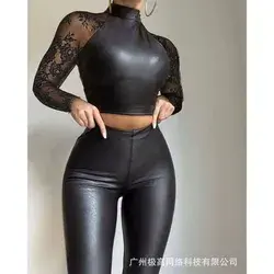 Women 2pcs Clothes Suit Solid Color Sleeveless PU Leather Cutout Crop Top & High Waist Skinny Slim Pencil Pants Set - Black / S