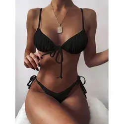 ZAFUL Cheeky Ribbed Tie String Bikini Swimwear L Black