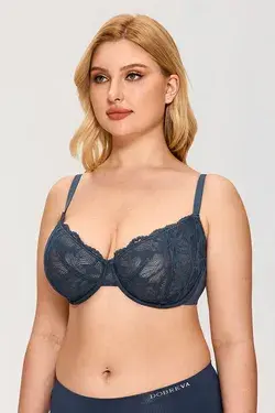 Women's Lace Balconette Plus Size Unlined Underwire Push Up Bra Black01 / dd / 34