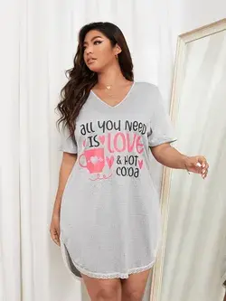 Plus Slogan Graphic Lace Trim Night Dress