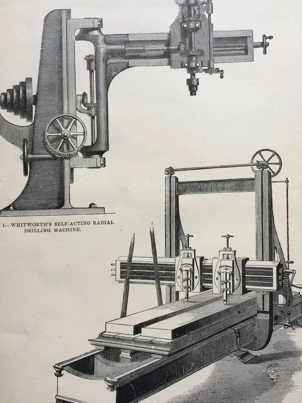 1880 Whitworth's Self-Acting Radial Drilling Machine & Muir's Planing Machine Original Antique Engraving - Carpentry - Victorian Technology