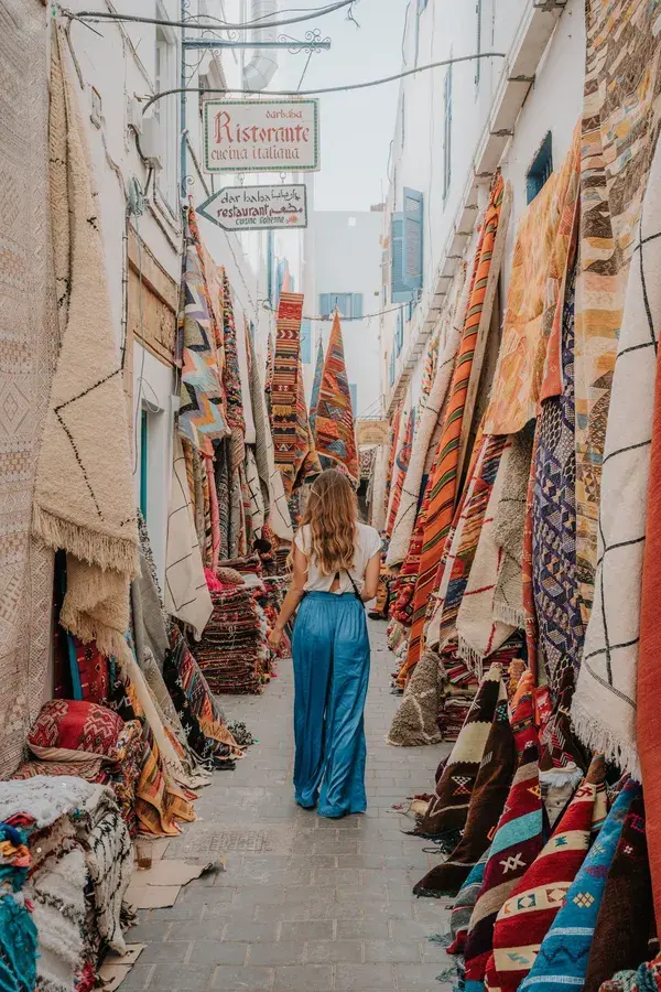 Colourful backstreets of Essouira, Morocco. Best fall destinations.