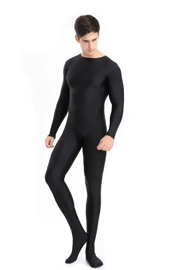 Mens Full Body Spandex Zentai Suit Black Long Sleeve Unitard Adult Zipper Back Footed Cosplay Bod...