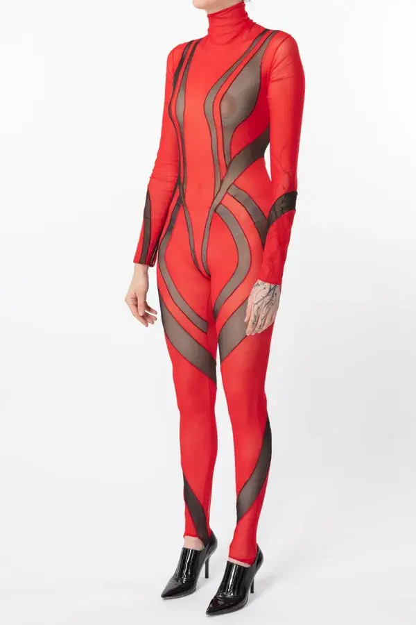 Red and Black Mesh Catsuit - O/S