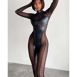 Hawthaw Women 2022 Autumn Sexy Long Sleeve Mesh See Through Club Bodycon Black Jumpsuit Overalls One Piece Outfit Streetwear - Black / S