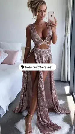 Rose Gold Sequins Long Prom Dresses, Sexy Evening Dresses With Split