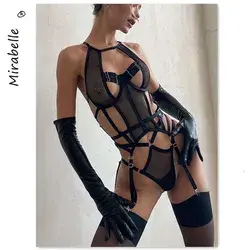 MIRABELLE Sexy Lingerie Erotic Mesh Bodysuit Women See Through Halter Sensual Lingerie Sex Suit Hot Porn Exotic Costumes Bodys - Burgundy color / L