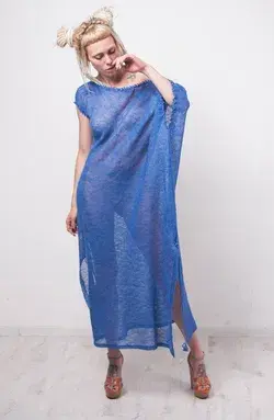 Maxi Crochet Dress Knit Maxi blue Dress Maxi Beach Lacy Dress Handmade asymmetric Dress linen beach