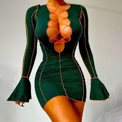 Sexy Cut Out Long Sleeve Bandage Mini Dress | Color: Green | Size: Various