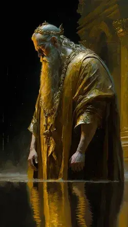 full body profile shot of a weeping King Midas lamenting his avarice, wet cheeks