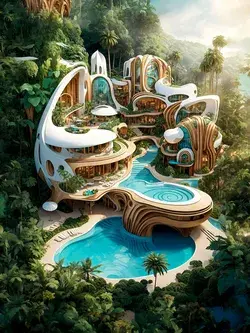 Generated Mock-Up of a Sustainable, Futuristic Jungle Hotel