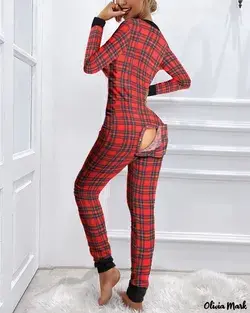 Olivia Mark - Adult Plaid Functional Button Flap Pajamas - red / M