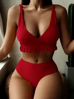 Frill Trim High Waisted Bikini Swimsuit