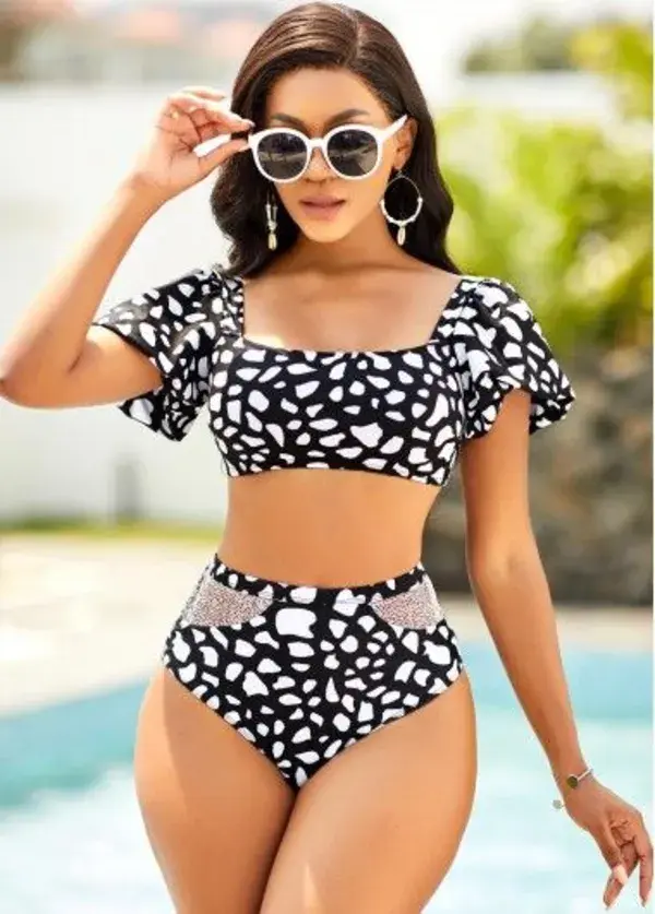 Geometric Print Lantern Sleeve Bikini Set