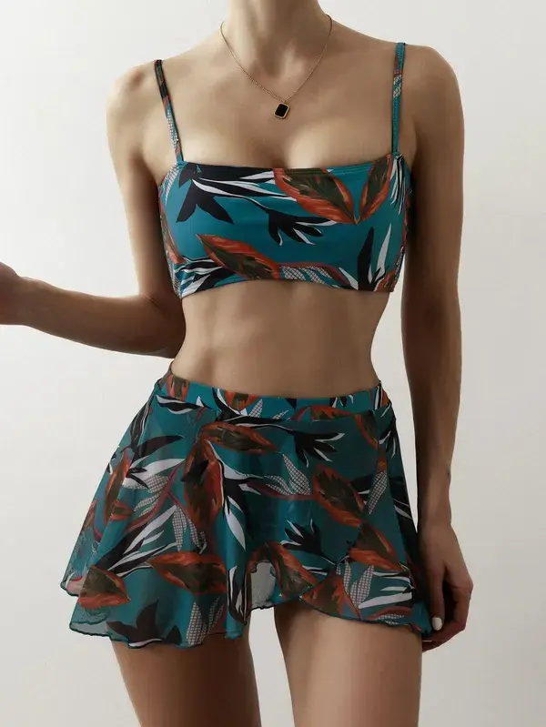 3pack Leaf Print Bikini Swimsuit With Beach Skirt